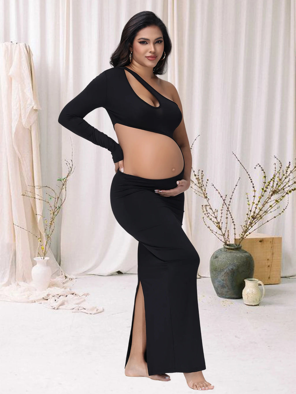 Maternity One Shoulder Long Sleeves Belly-revealing Maxi Dress Baby Shower Gown For Photoshoot