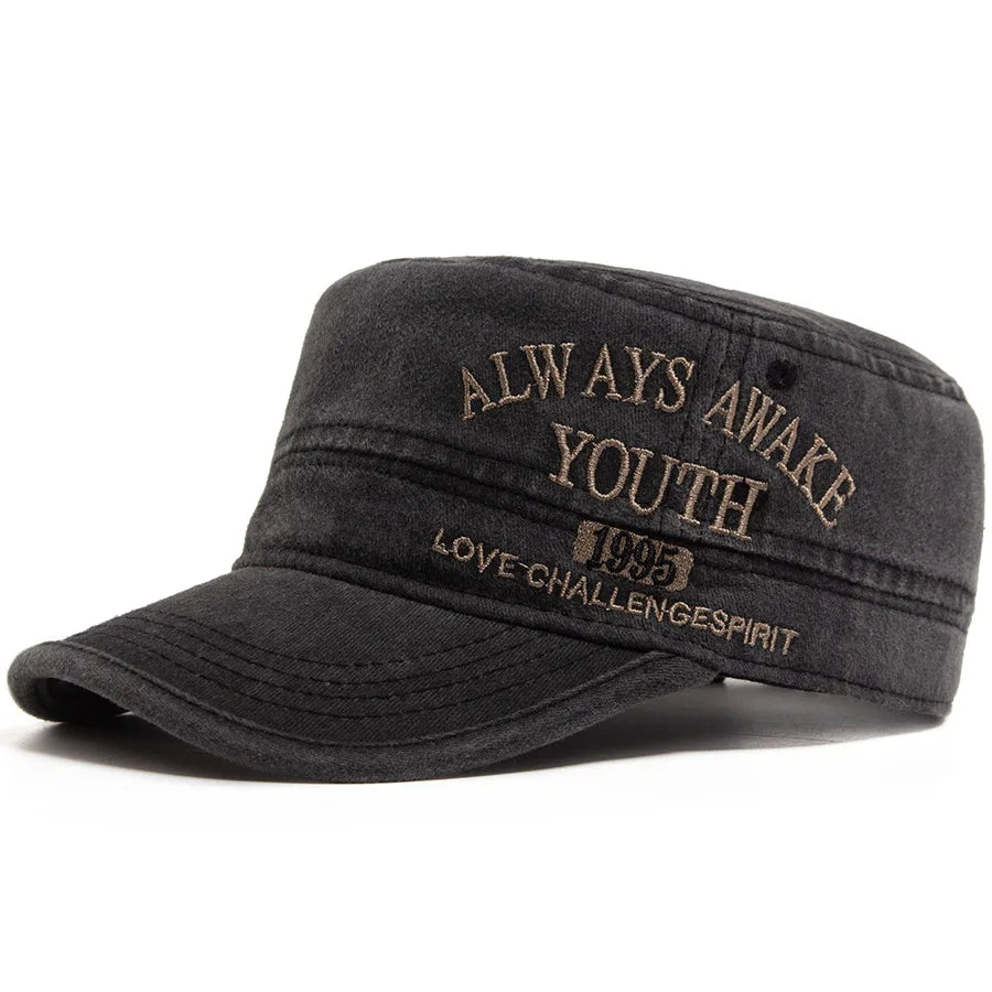 Washed Embroidered Letter Military Cap Flat Top Vintage American Style Sunshade Hat