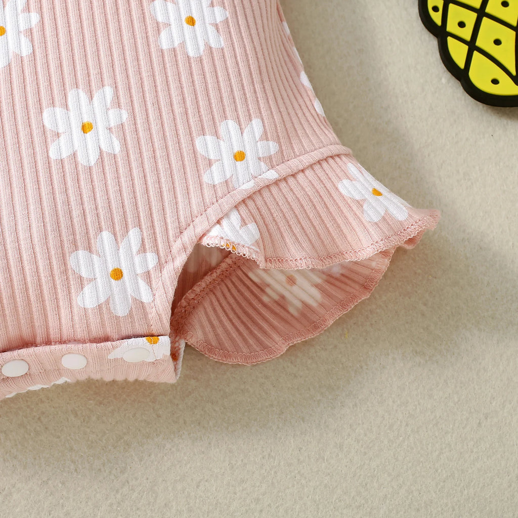 2PCS Summer Girl Crawling clothes Short Sleeve Cotton Short Sleeve  Round Necked Striped Clothes with Flower Printing Headband