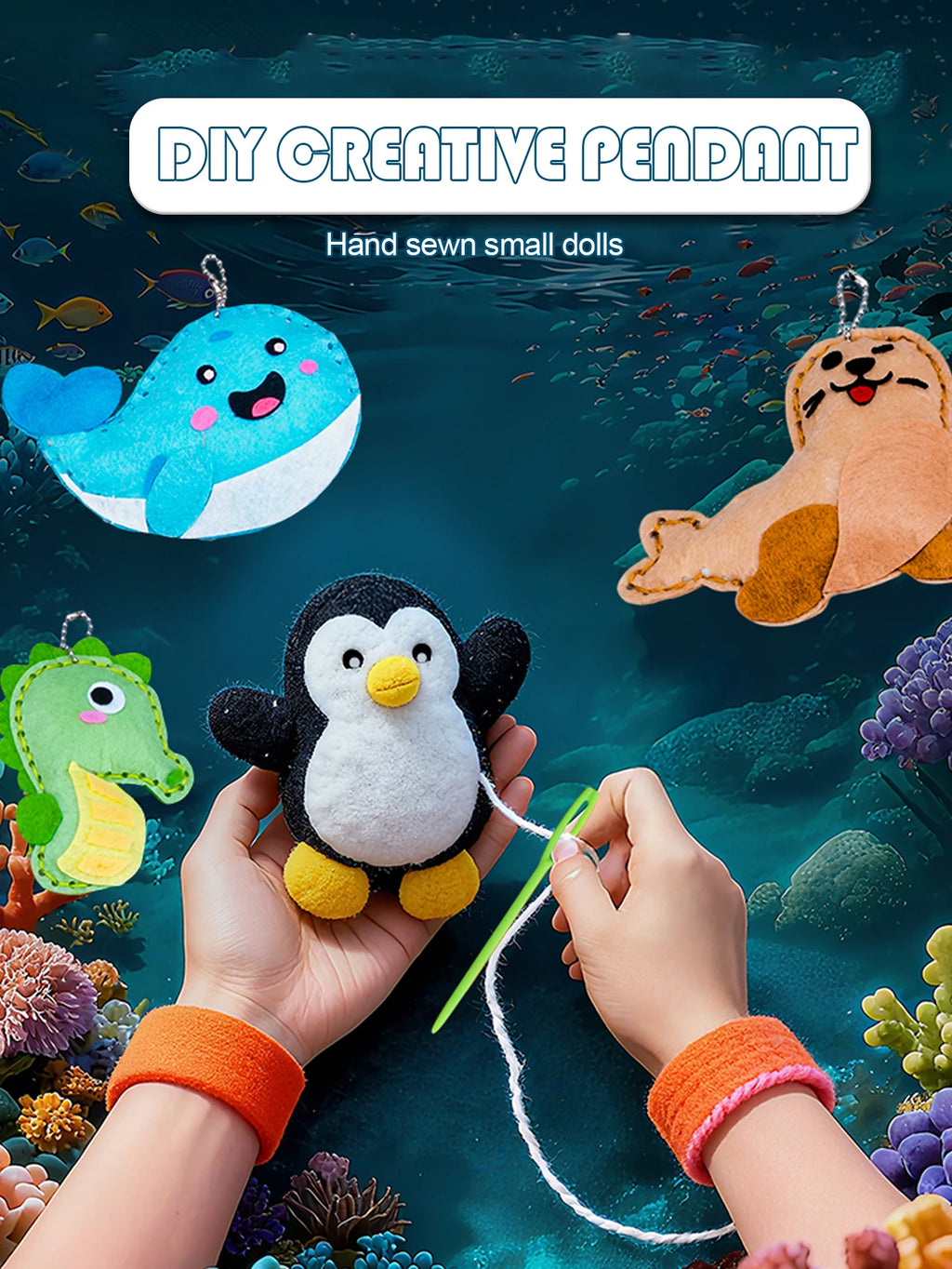 DIY Sewing Toys for Kids, Make Milk Tea Ocean Animal Plushie Craft Set Handmade Fabric with Holes and Threads Gifts