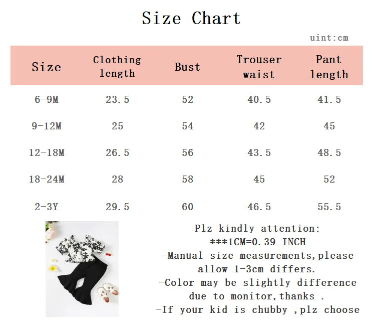 2Pcs Toddler Baby girl Small Floral One Shoulder Top+Black Flared Pants Fashion Set fit 0-3 Years Little Girlsummer Set