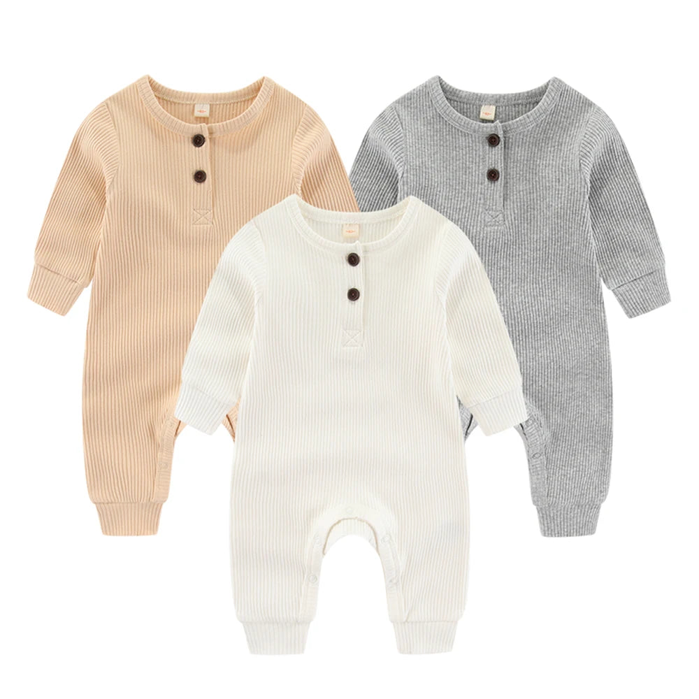 Unisex Infant Jumpsuit Set 3-Piece Solid Color Long Sleeve Rompers 0-24 Months For Babies