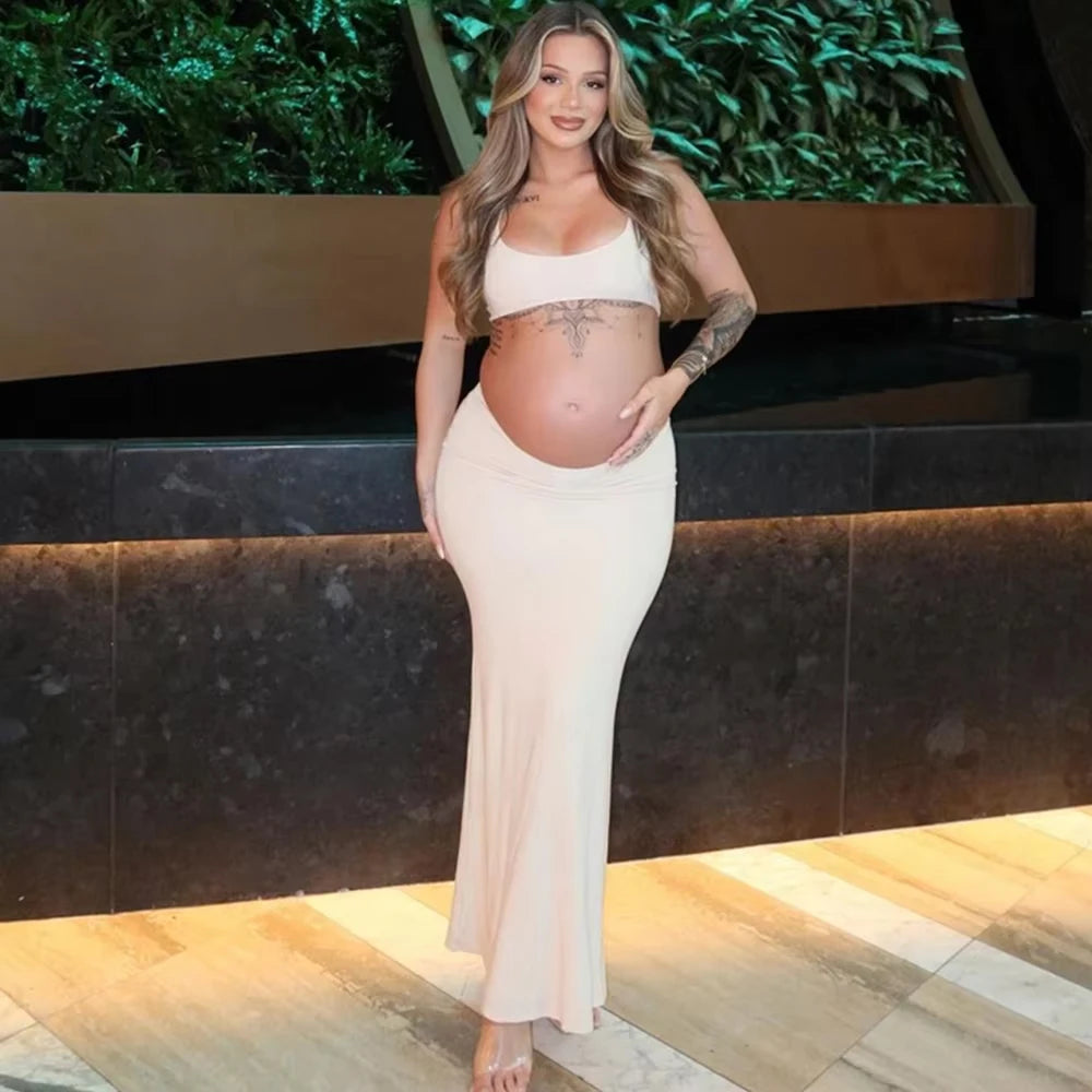 Maternity Summer Photography Dresses Solid Cut Out Waist Open Back Halter Bodycon Long Pregnant Dress For Photoshoot Baby Shower