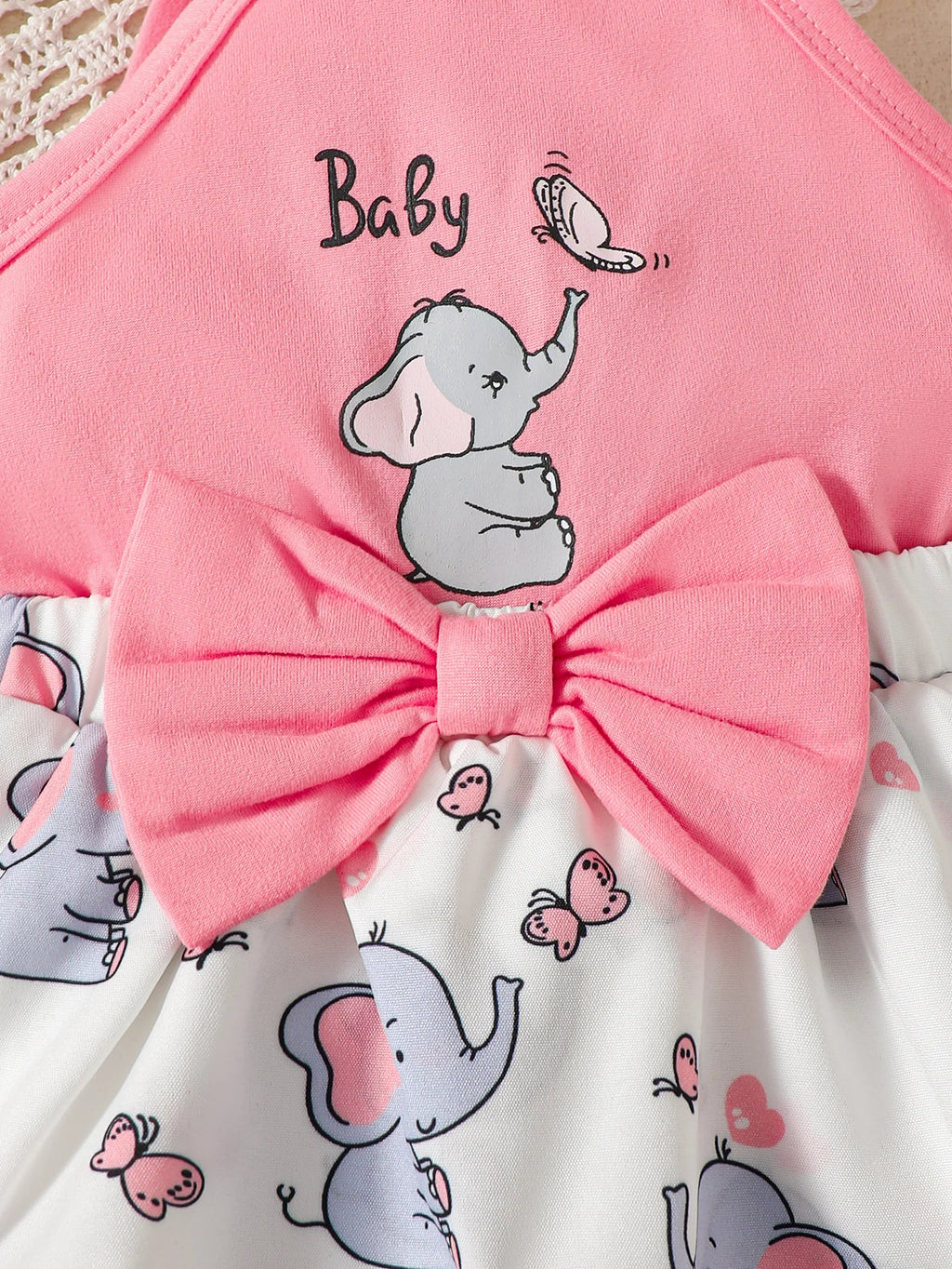 Baby girl Summer Sleeveless Bodysuit Pink Bow Cute Elephant Print Fashionable Bodysuit suitable for 3-24 Months Baby girl
