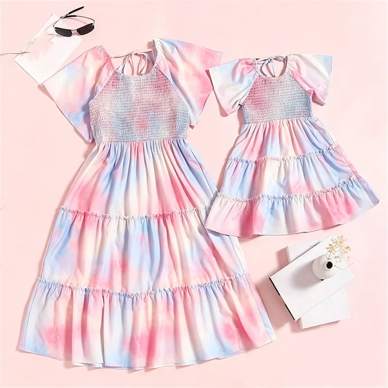 Vintage Mother Daughter Dress Vestidos Family Matching Outfits Children Dress Beach Casual Women Dresses Summer Girls Clothing