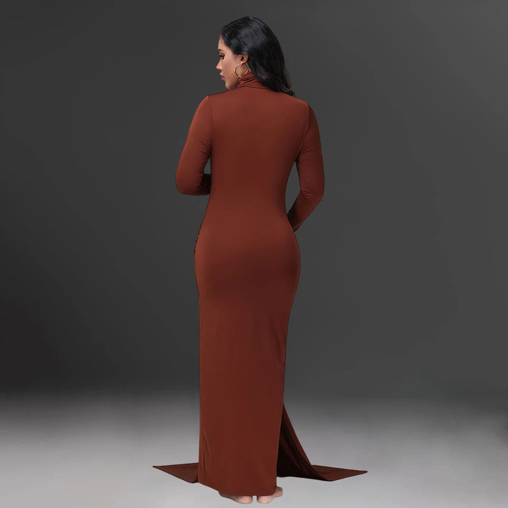 Maternity Long Sleeve Turtle Neck Maxi Photography Dress Solid Rouched Tie Gown for Photoshoot Baby Shower Party