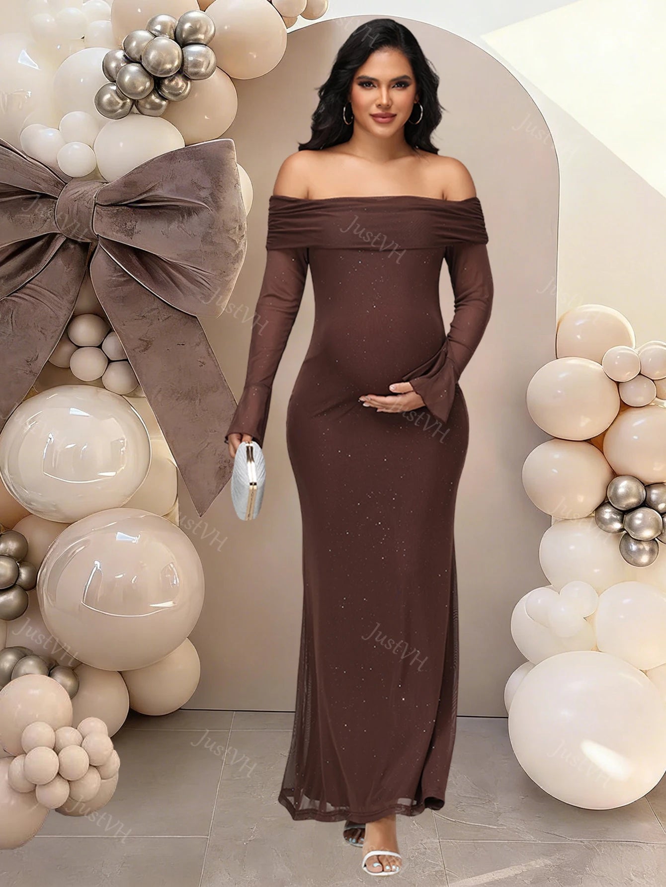 Maternity Off Shoulder Bell Sleeve Sequin Mesh Long Dress Party Elegant Bodycon Gown for Photoshoot Baby Shower