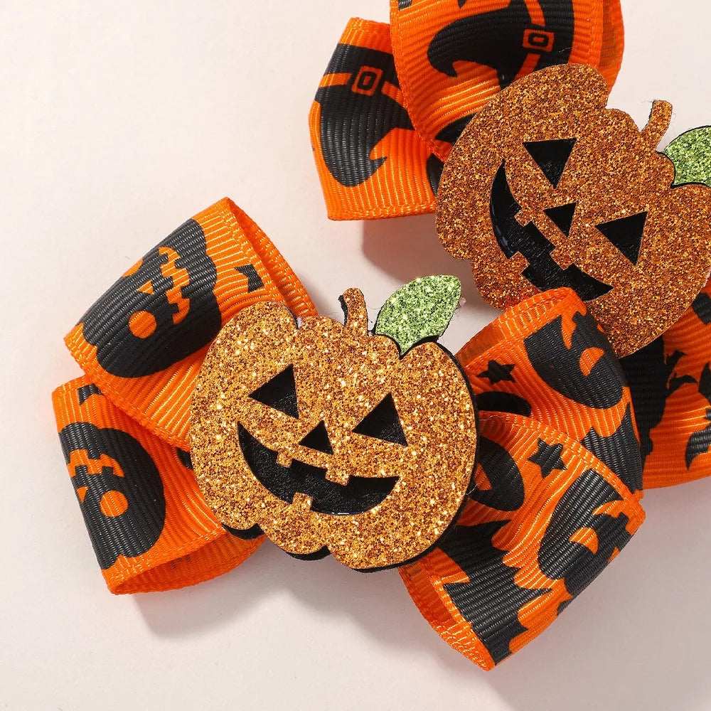 2Pcs/Set Halloween Hair Accessories for Kids Girls - Ribbon Bow Hairpin Ghost Pumpkin Bat Hair Clips for Party Decoration
