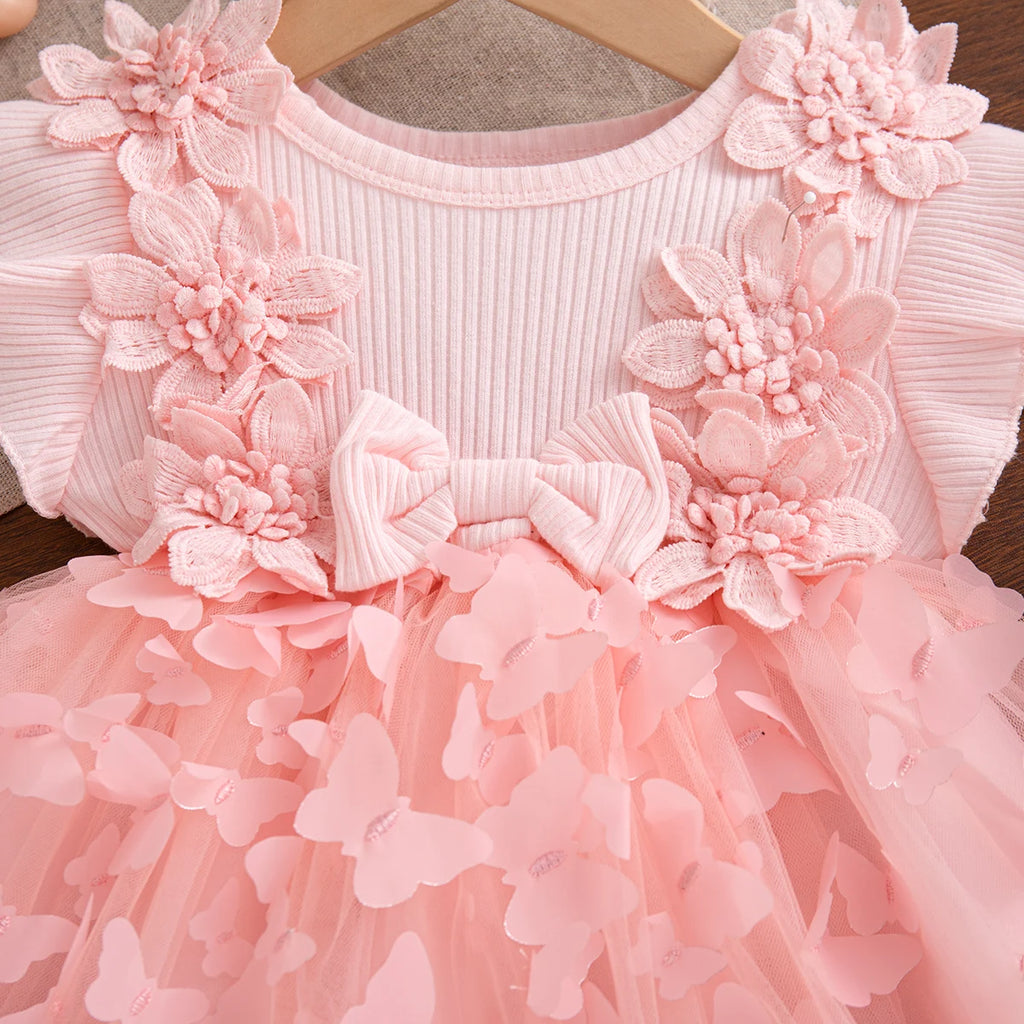 Summer Fashion Solid Color Toddler Princess Fairy Dress Korean Style Sweet Pink Bow Birthday Party Baby Girl Butterfly Dress
