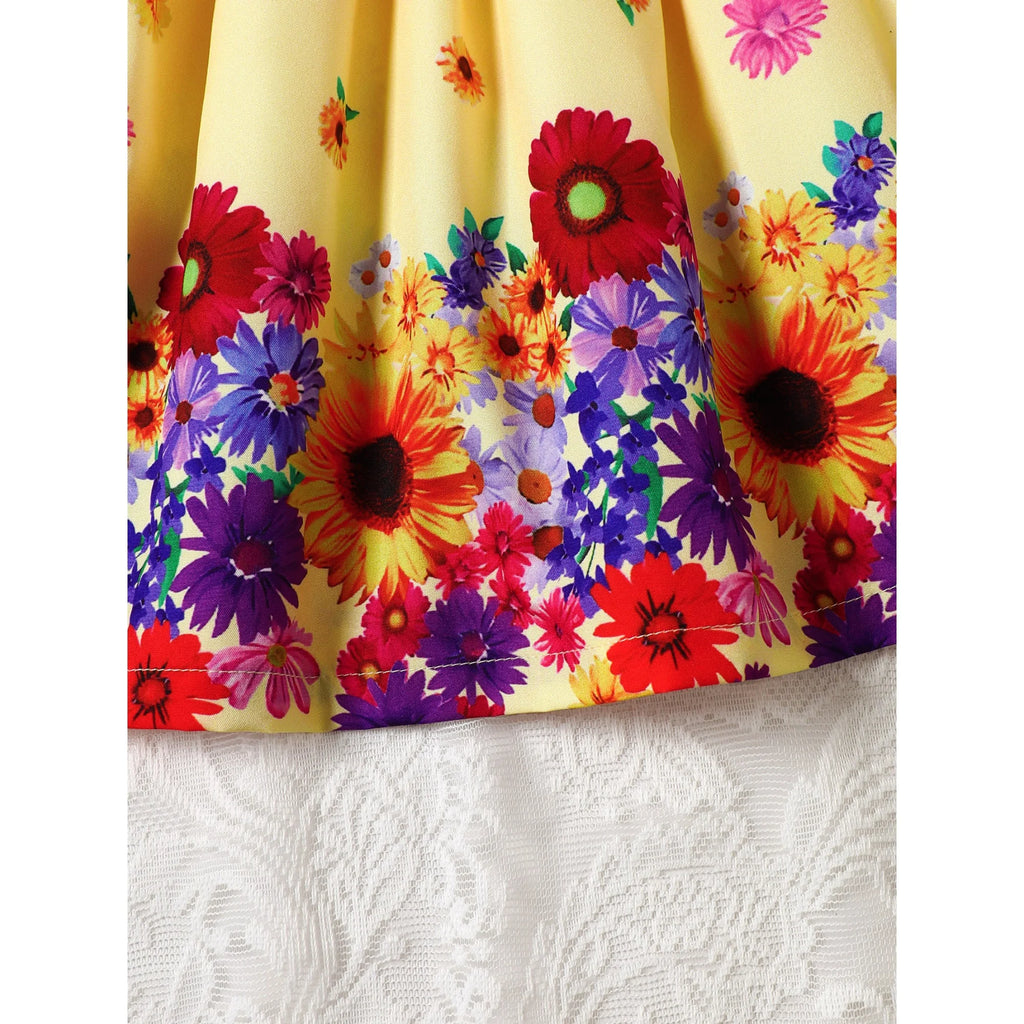 Kid Girls' Summer Dress Round Neck Beautiful Flower Printed Sleeveless Dress+Belt Set 4-7 Year Old Girls' Casual Dress
