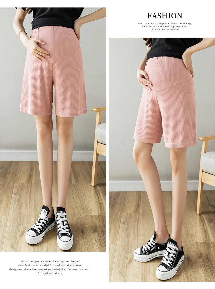 Summer Korean Style Pregnant Woman Ice Silk Shorts Knee-length Adjustable Waist Solid Color Maternity Wide Legs Straight Shorts