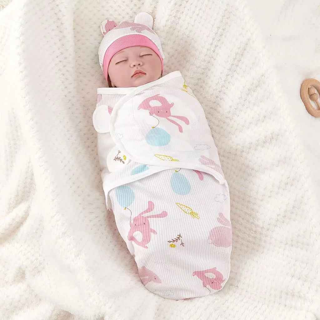 Baby Blanket Hat Set Cartoon Printed Cotton Newborn Swaddle Adjustable Infant Sleeping Swaddle Wraps All Seasons 0-6 Months