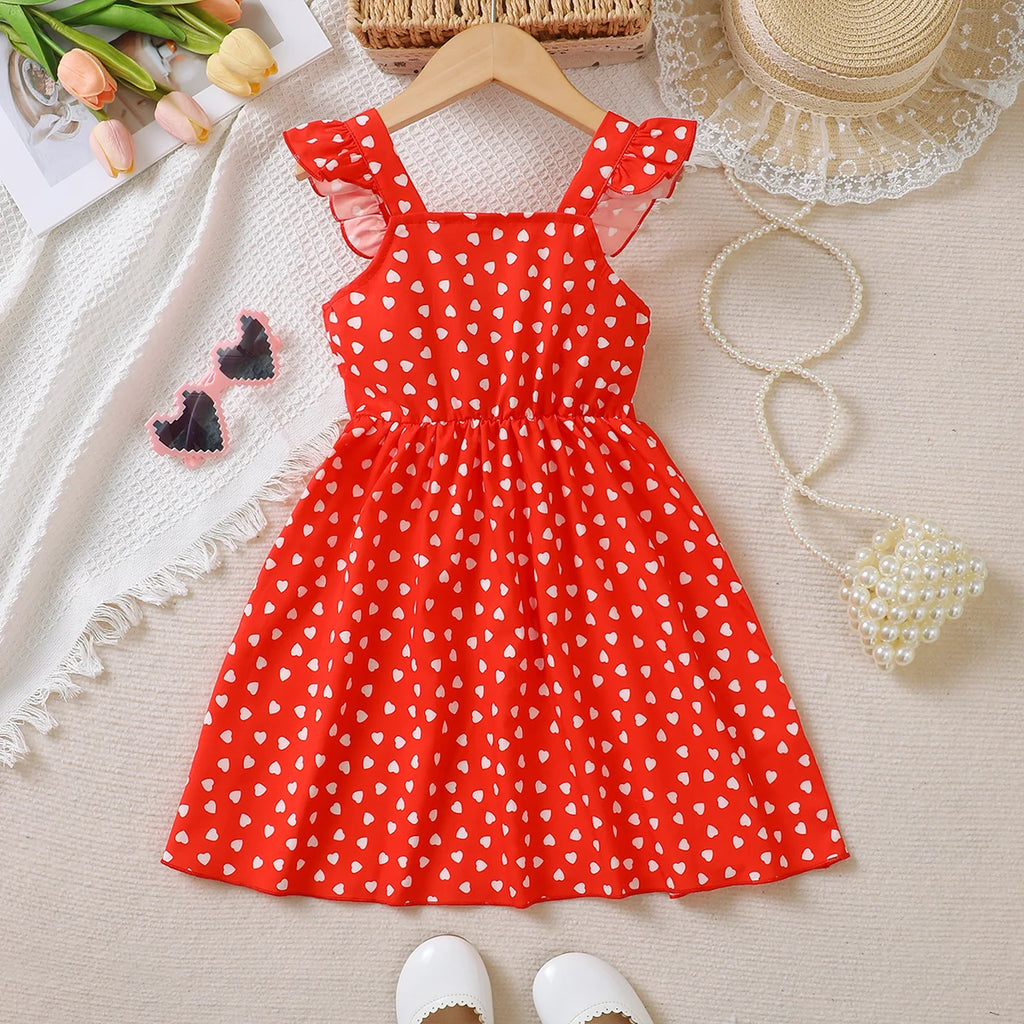 4-7 Year old Girls dress with Ruffled Heart Print and Red suspender dress, Summer Beach Dress sea connection for little girls