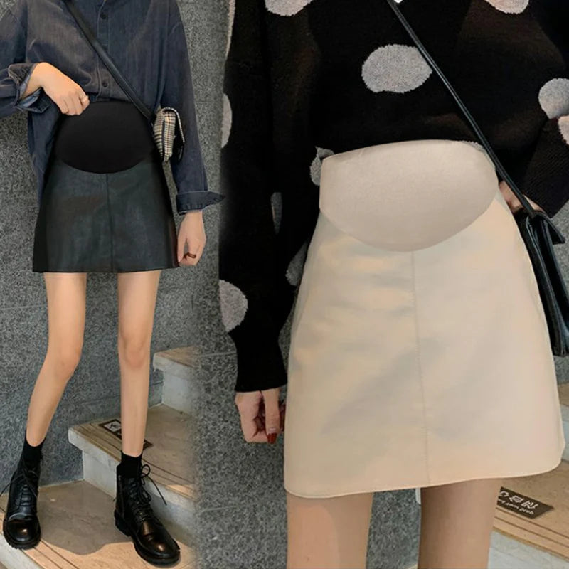 Pretty Maternity Autumn Skirts Vintage High Waist Pregnant Woman Slim Belly Skirts Elegant Pregnancy A-line Pu Leather Skirt