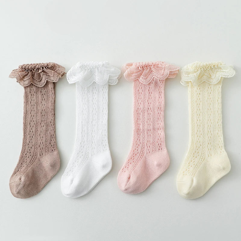Baby Lace Princess Knee High Socks Kids Girls Boys Long Sock Cotton Mesh Breathable Children Hollow Out Socken for 0-3 Years Old