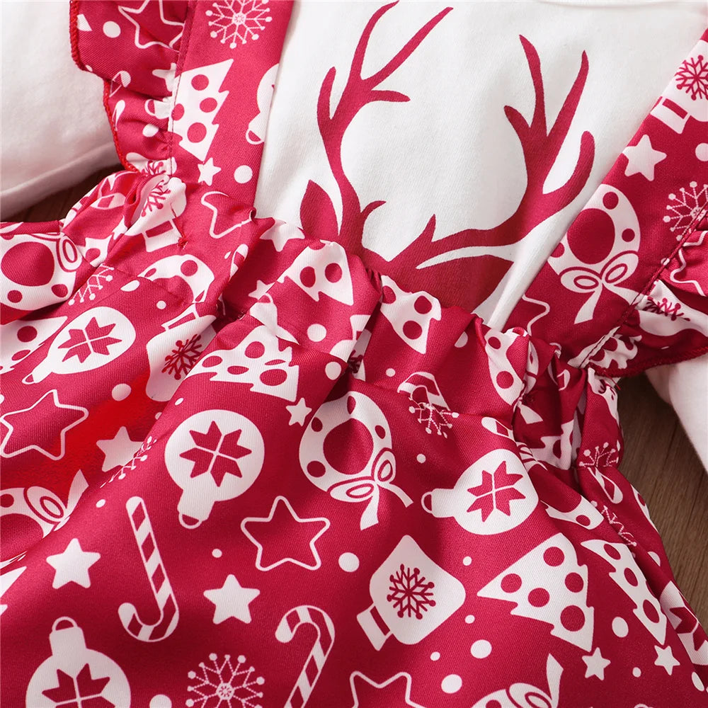 Newborn Baby Girl Christmas Set Reindeer Long sleeved Top Ruffled Shoulder Strap Skirt+Headband 3pcs 0-18 Months Baby Autumn Set