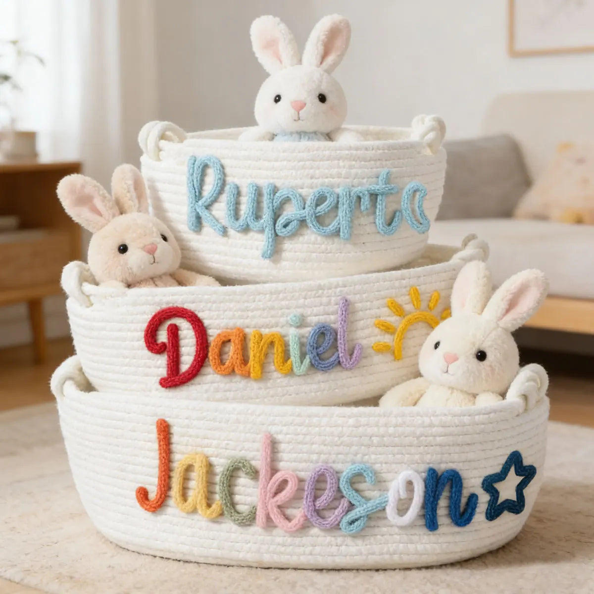 Personalized Woven Storage Basket with Letter – Custom Star Sun Moon Gift Basket