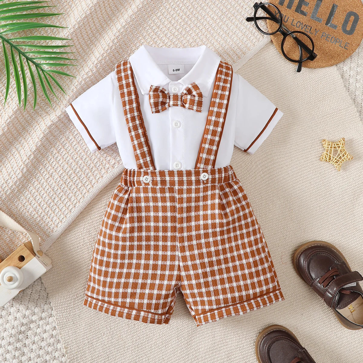 Baby boy small gentleman's Set Lapel checkered tie shirt overalls Fashionable Set 0-3 Year old Toddler Birthday Party costume