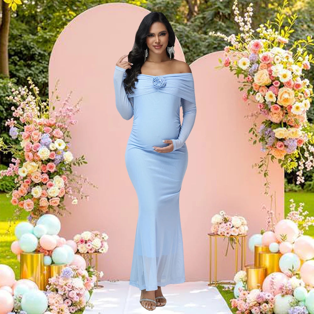Maternity 3D Floral Off Shoulder Long Sleeve Mesh Long Dress Elegant Fitted Gown for Baby Shower Photoshoot
