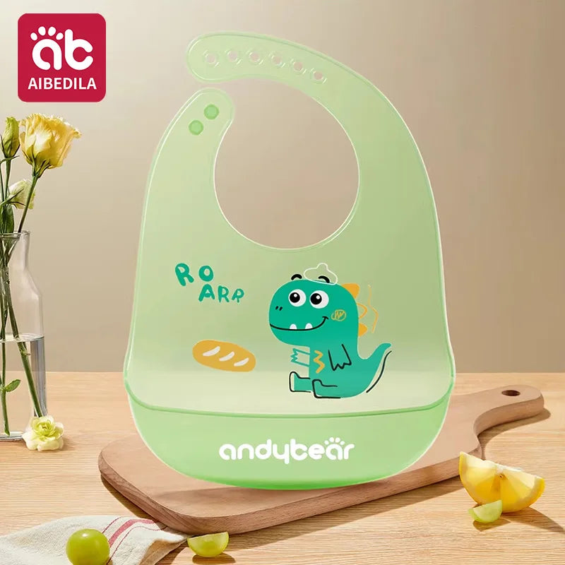 AIBEDILA  Silicone Baby Bib Waterproof Adjustable Food-Grade Feeding Apron Cartoon Pattern Burp Cloth for Toddlers Boys Girls
