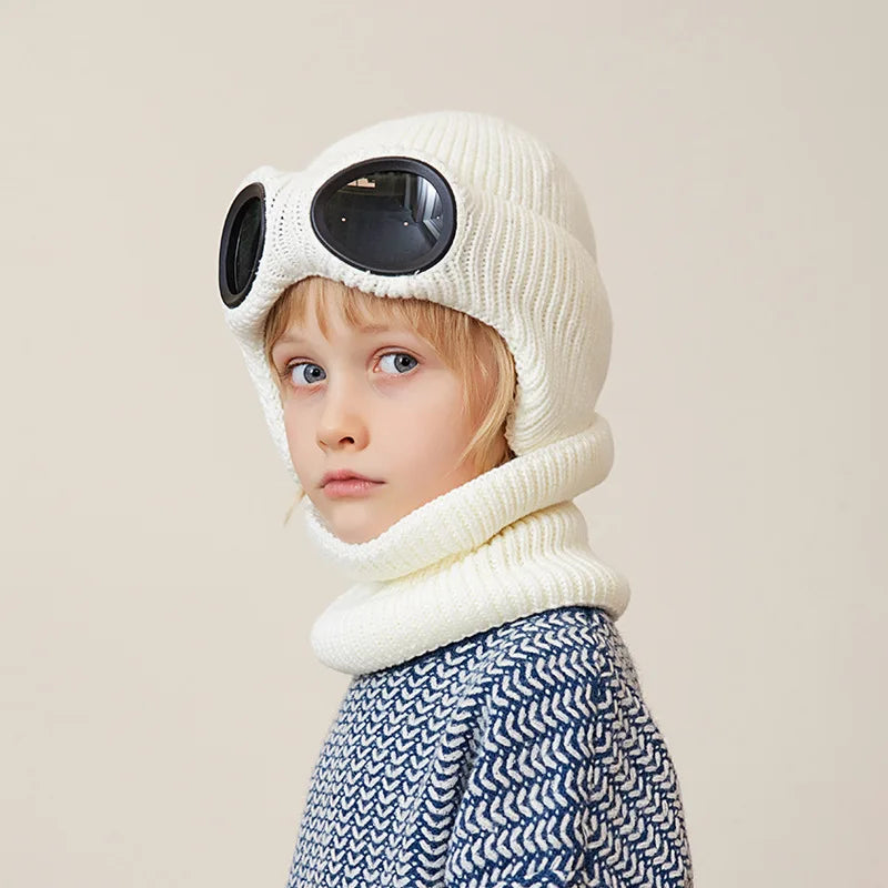 Skiing Children Winter Hat Scarf Set Knitted Kids Beanie with Goggles Ears Protection Child Bonnet Hats for Girls Boys 4-10Y