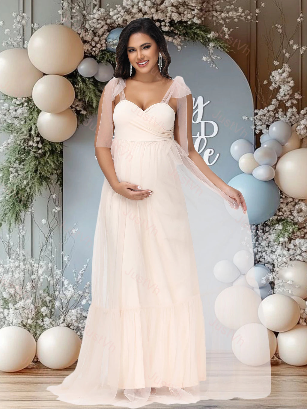 Maternity Summer Photography Dress Sleeveless Off Shoulder Soft Tulle Women Pregnancy Gown for Baby Shower Photoshoot