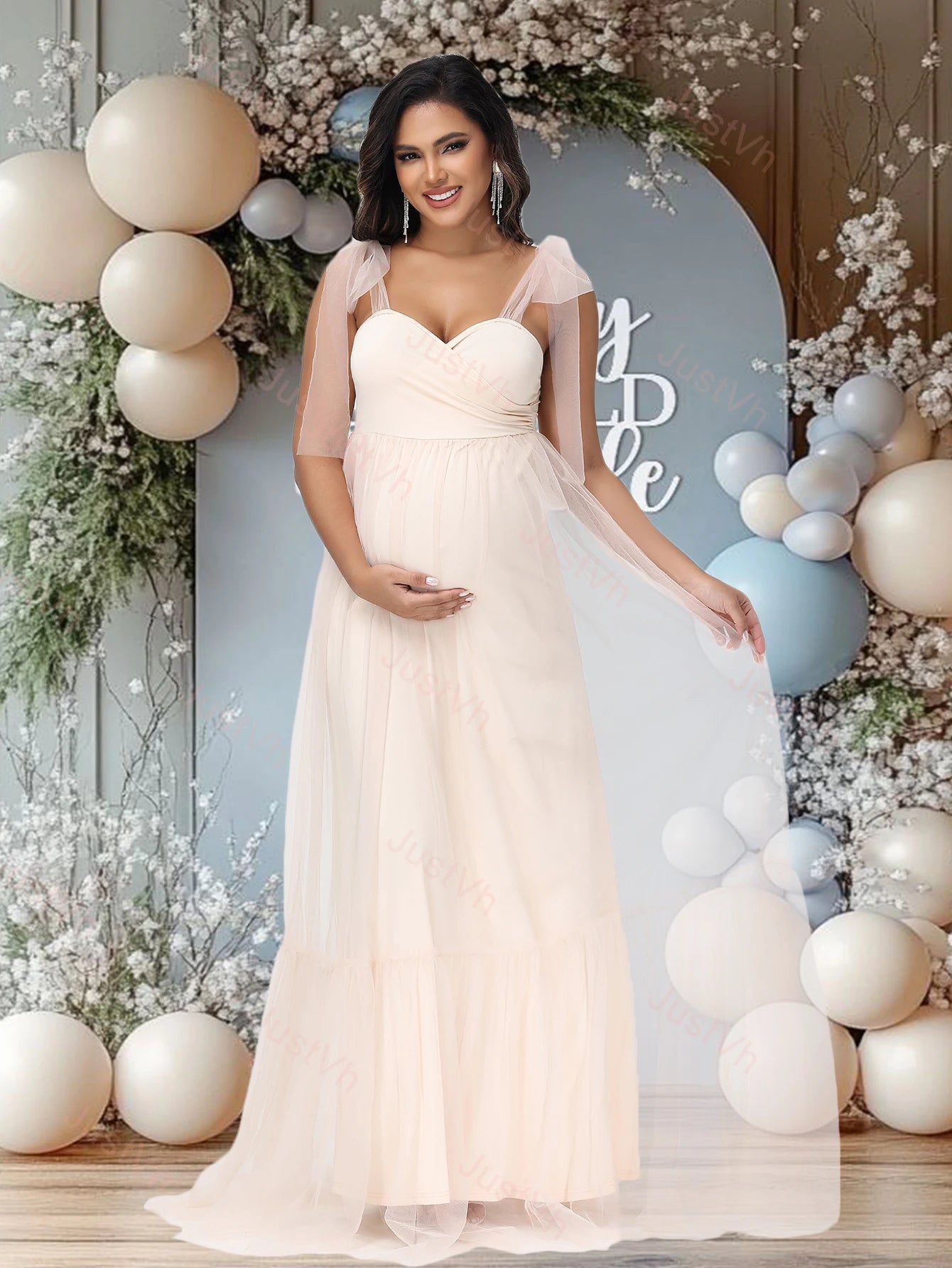 Maternity Summer Photography Dress Sleeveless Off Shoulder Soft Tulle Women Pregnancy Gown for Baby Shower Photoshoot