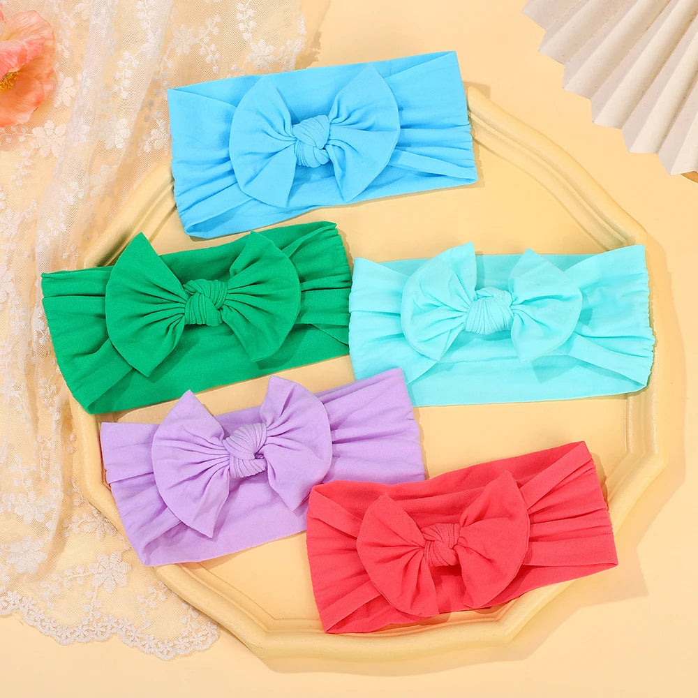 5Pcs/lot Bright Nylon Solid Color Baby Headband Set 3.5inch Bowknot Casual Headties Soft and Non Damaging To Hair