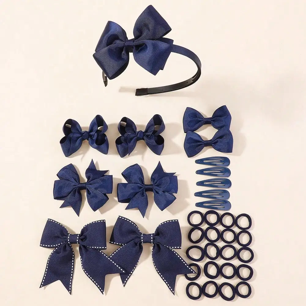 34Pcs Navy Blue Bow Hair Accessories Set For Girls Kids Hair Clips Headbands Elastic Ties