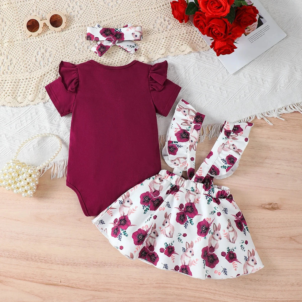 Baby girl Summer Set Solid Color Jumpsuit+Rabbit Printed Shoulder Strap skirt+Headband Set for 0-18 Months Cute Female Babies