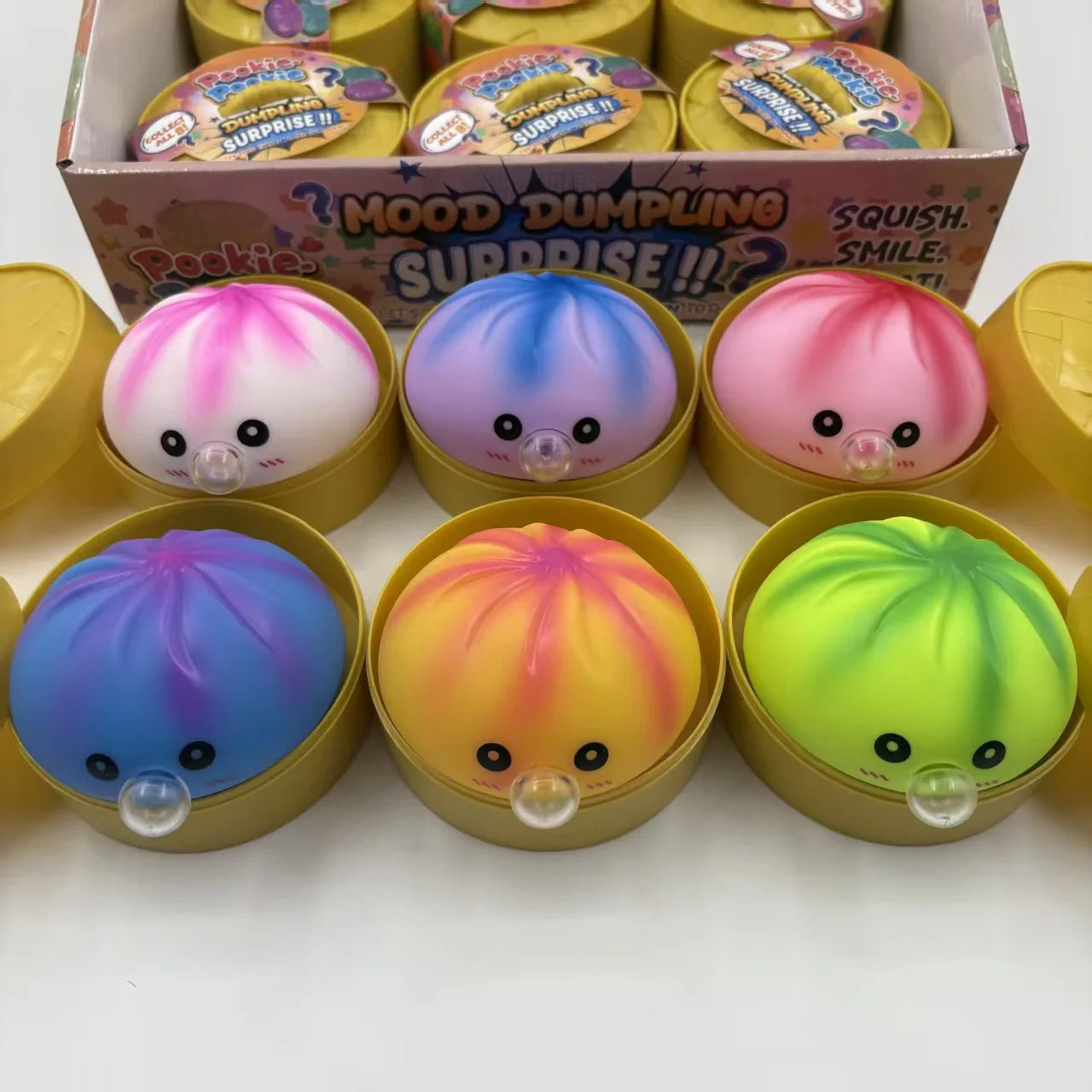 Kawaii Bubble Blowing Bun Squishy Set, Soft Baozi Squeeze Toy with Steamer Lid Base, Rising Stress Ball Funny Fidget Toy Kids