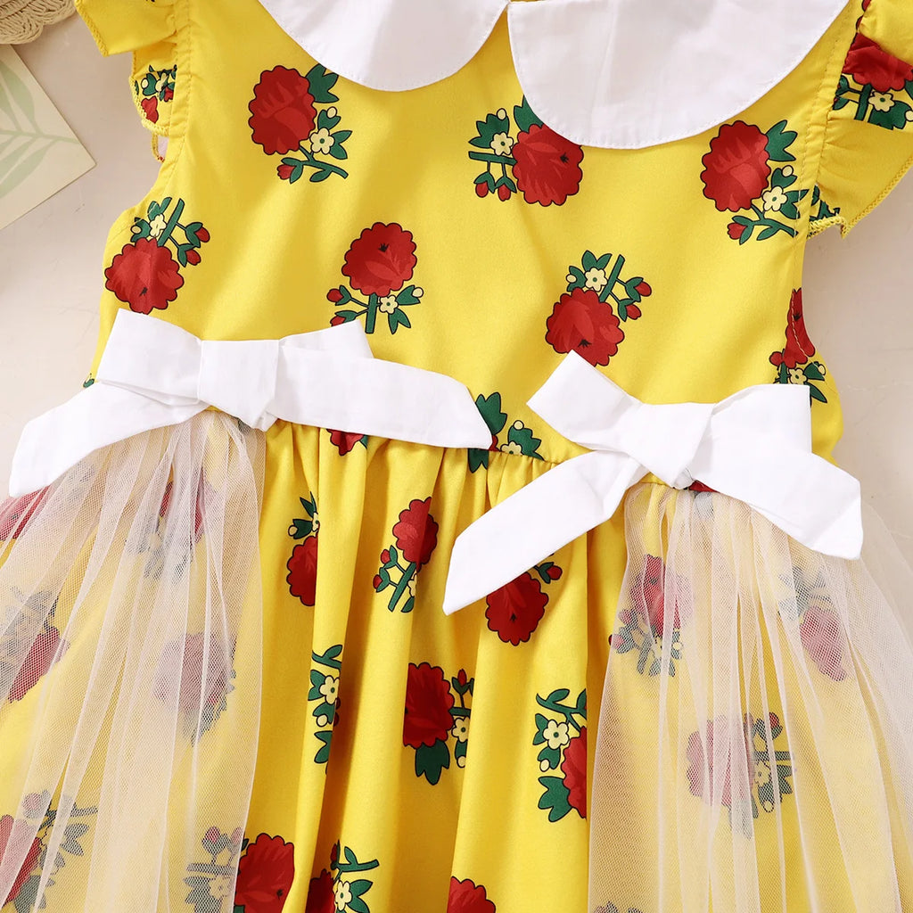 1-6 Year old Girls' Dress, Sudan rose print Bow Chiffon Dress, Girls' Holiday Dress Children's Clothing