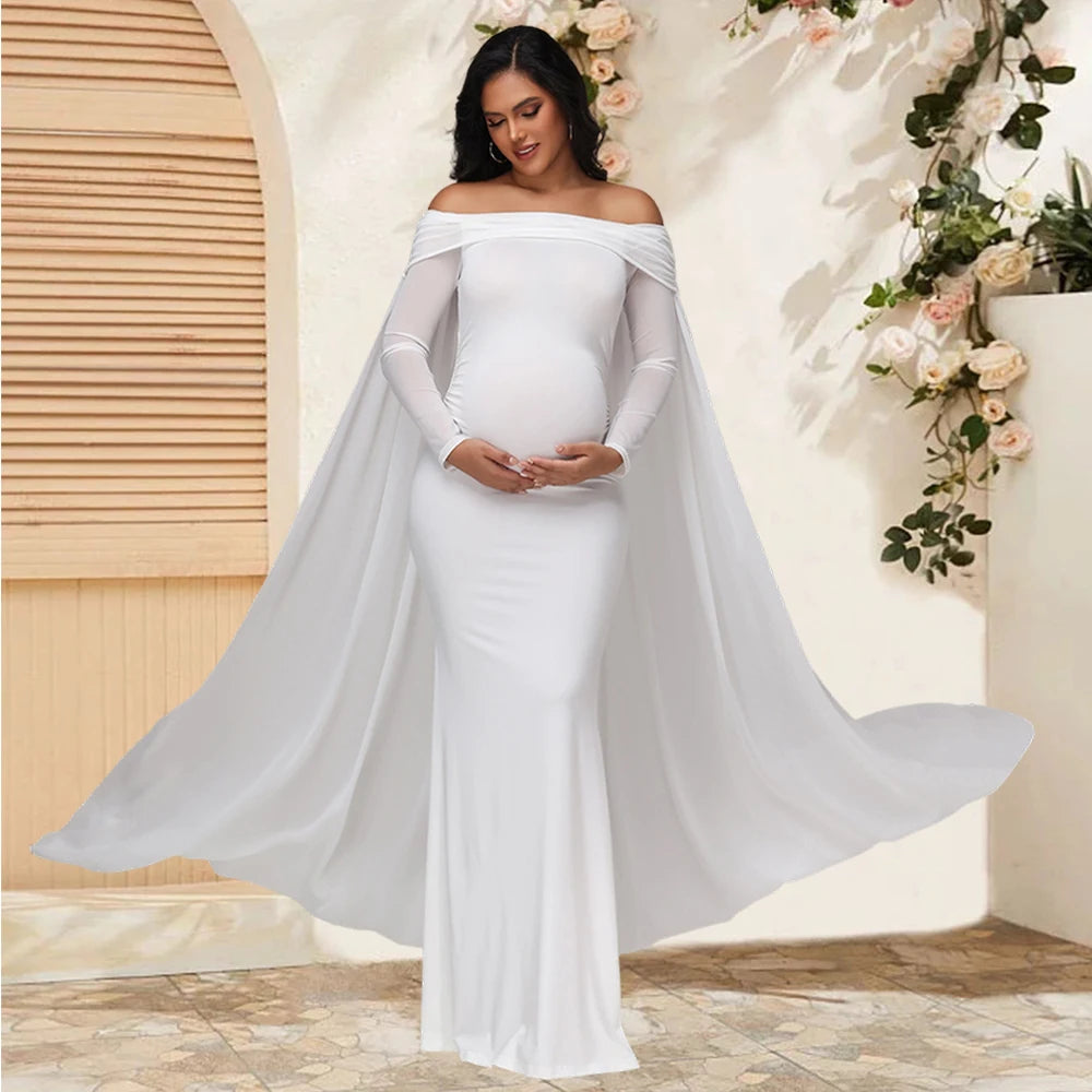 Maternity Mesh Long Sleeve Off Shoulder Chiffion Shawl Long Dress Photography Bodycon Mermaid Gown for Photoshoot Baby Shower