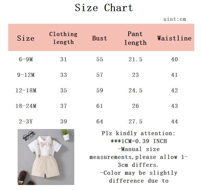 Baby boy Small gentleman Set Bow shirta and Strap shorts suitable for 0-3 year Toddlers Baby boys' Summer Birthday party Set