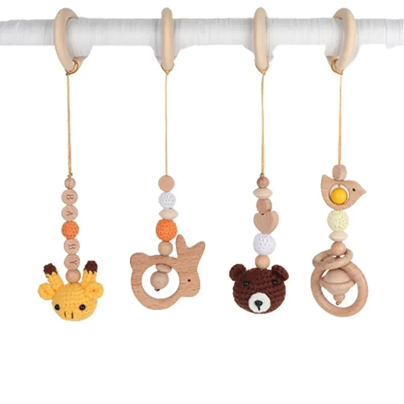 Baby Play Gym Frame Wooden Beech Activity Gym Frame Stroller Hanging Pendants Toys Teether Ring Nursing Rattle Toys Room Decor