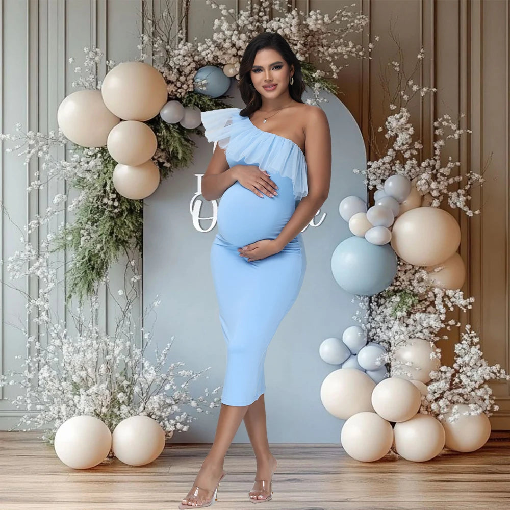 Maternity One-Shoulder Mesh Ruffled Collar Summer Midi Dress  for Party Baby Shower Photoshoot