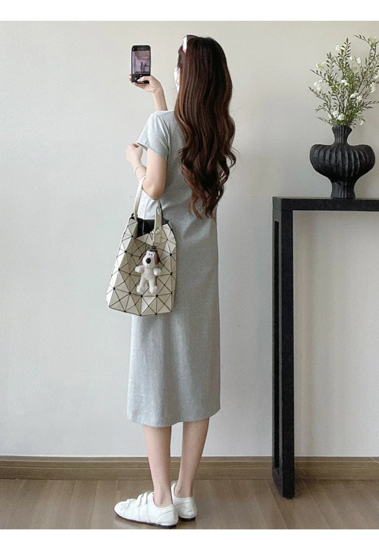 Korean Style Pregnant Woman Knitted Dress for Summer Short Sleeve Turn-down Collar Maternity Casual Dress