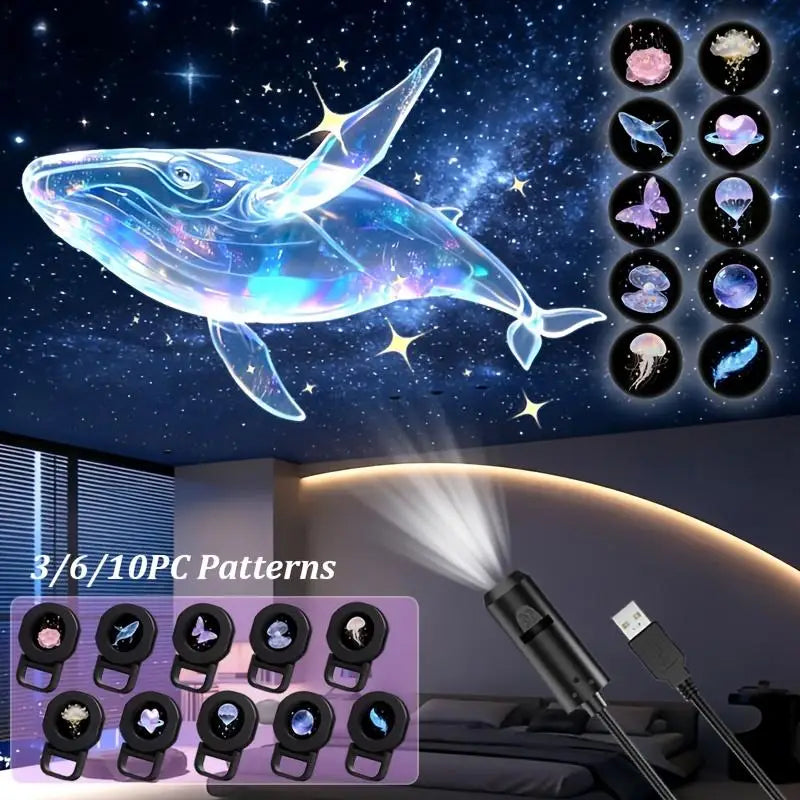 LED USB Projector Light 3/6pcs Projection Patterns- Adjustable Whale Butterfly Jellyfish Starfish Night Light Festival Gift