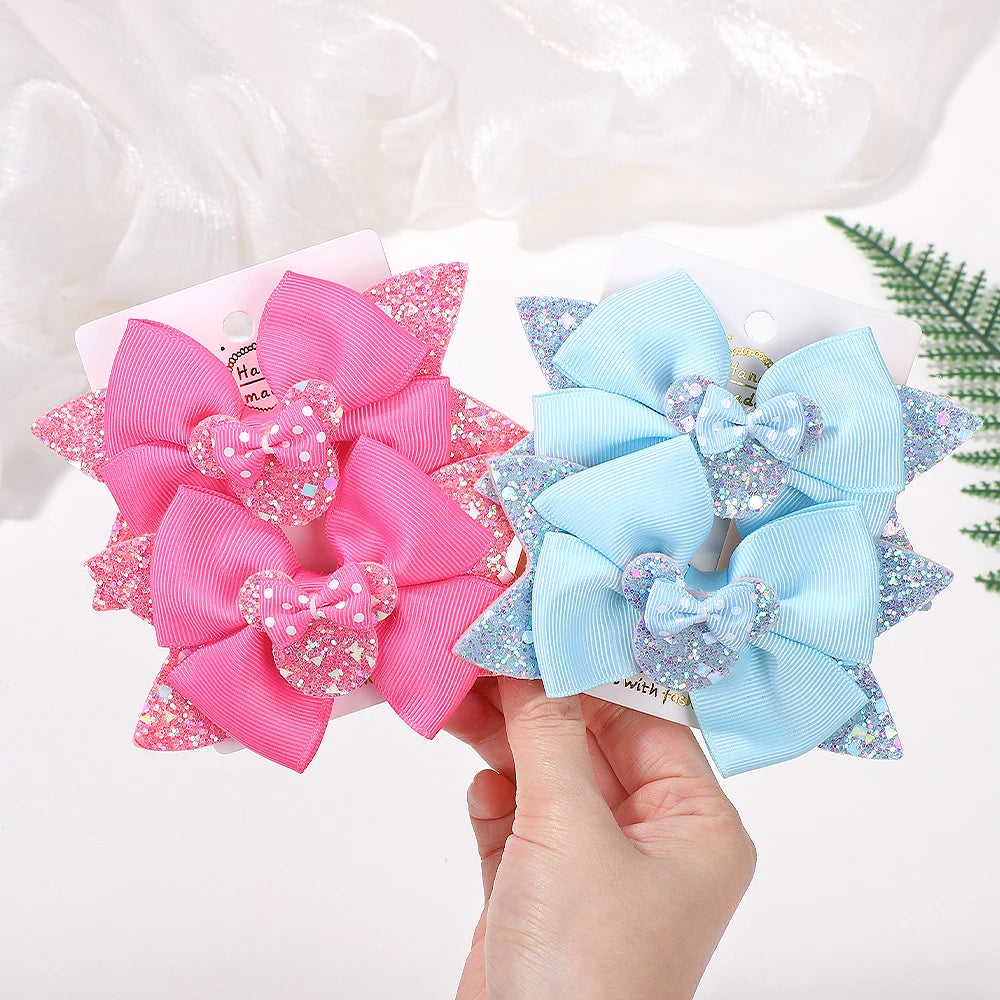 2Pcs/lot 3.9inch big bows hair bangs clip for little girls cartoon party headdress sweet polka dot bow hair clip set