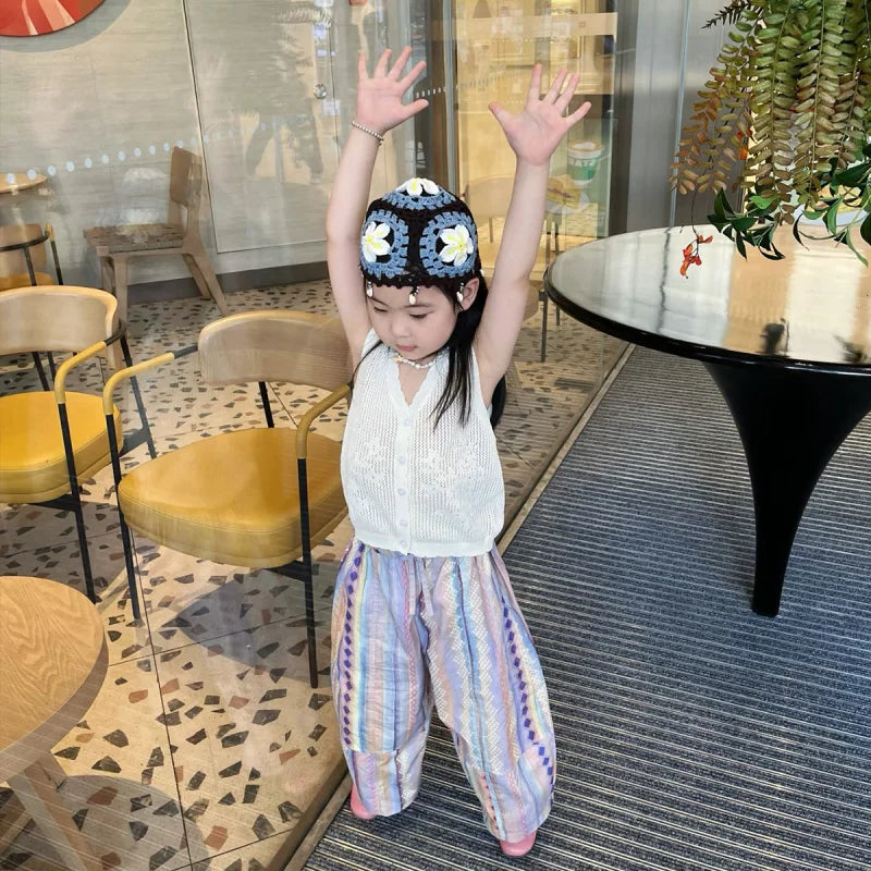 Korean-style trendy children's hat, hand-crocheted  hollow hat, outdoor breathable pullover hat, knitted hat for baby girls