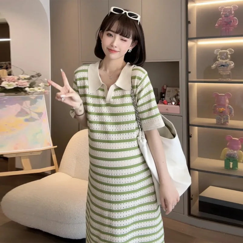 Summer Postpartum Woman Breastfeeding Dresses Short Sleeve Turn-down Collar Hollow Out Striped Maternity Straight Nursing Dress