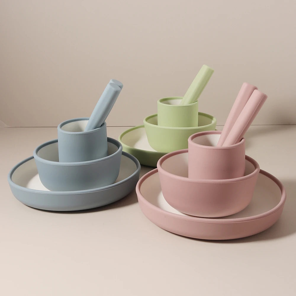 Minimalist Silicone Baby Feeding Set, 5-Piece No Suction Cup Plate Bowl Cup Fork Spoon Set, 1st Birthday Gift