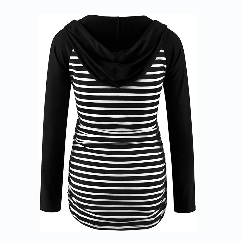Women Maternity Hoodies Striped Print Long Sleeve V-neck Hoodie Sweatshirts Top Mom Pregnant Nursing Autumn And Winter Clothes