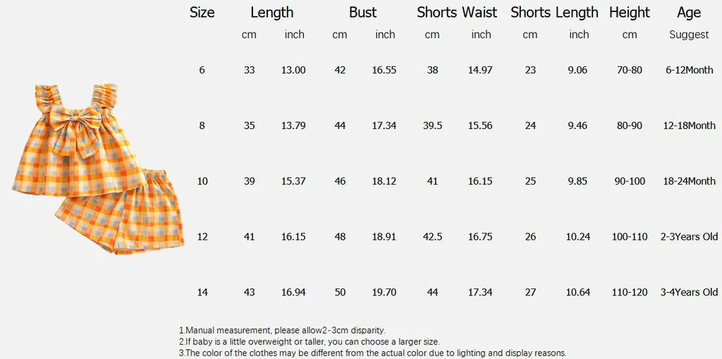 Korean Style Toddler Holiday Sets Summer Comfortable Cotton Orange Bow Plaid Suspender Tops And Breathable Baby Girl Shorts