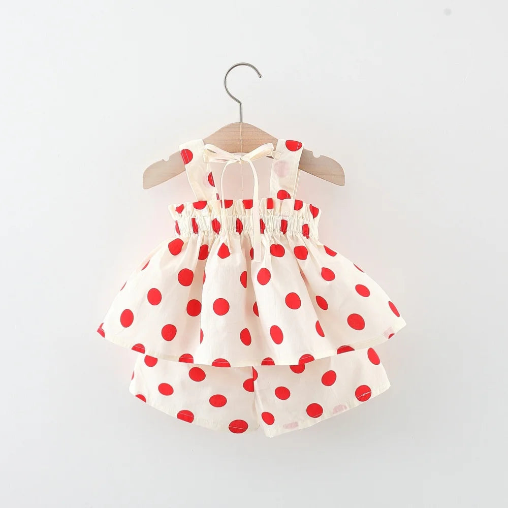 2pc/Set Girls' Outfit Set Summer Polka Dot Bow Blouse And Shorts Baby Girl Clothing Cute Beach Baby Set