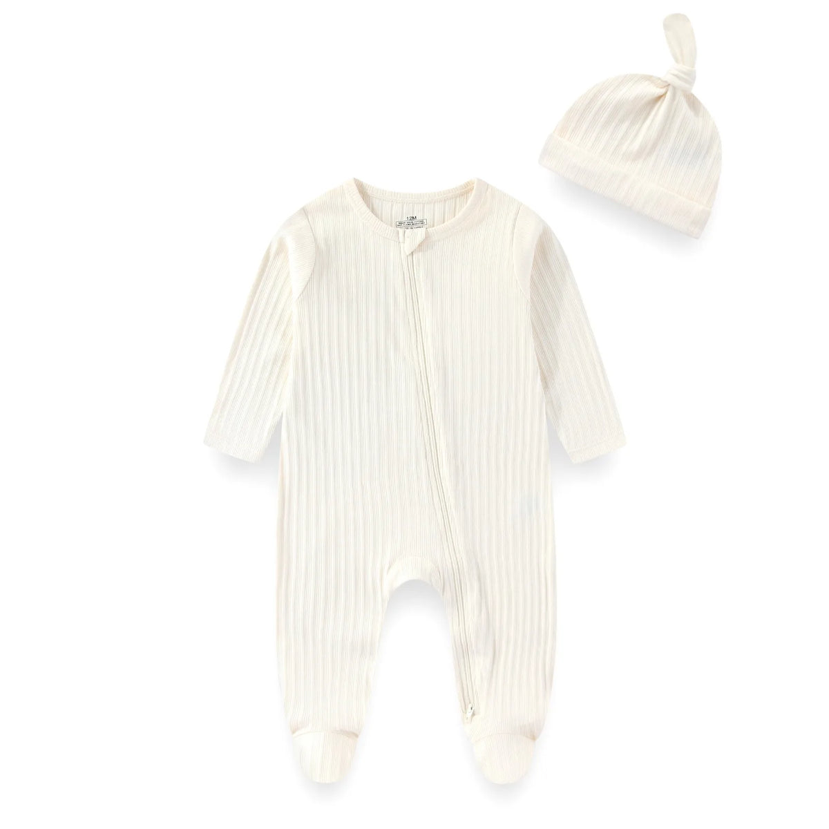 Two-Piece Baby Unisex Romper Hat Set 0-12M Long Sleeve Jumpsuit Cap Solid Color Newborn Outfit
