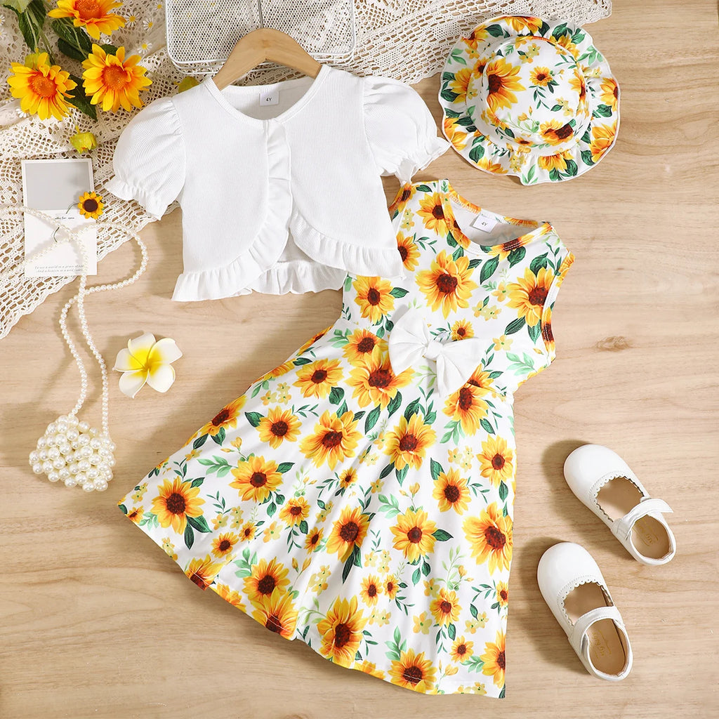 3Pcs Kid Girl Dress Sunflower Sleeveless Dress+Shawl+Hat Girl Summer Vacation Casual Dress Set for girls aged 3-8 Years