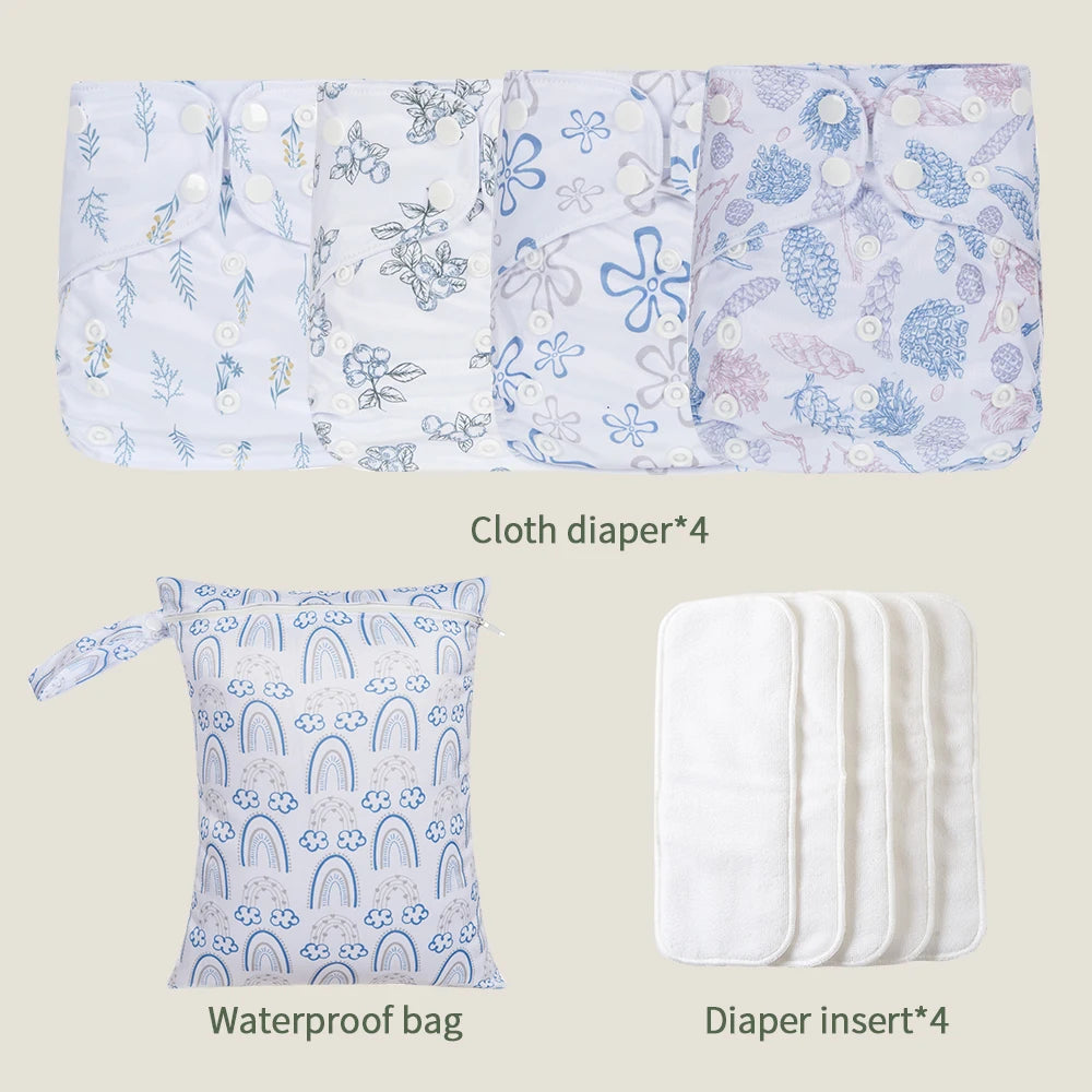 HappyFlute Ecological Cloth Diaper Gift Set With Wetbag Includes 4 Diapers And 4 Inserts