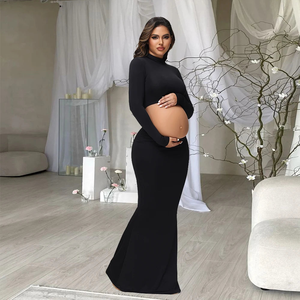Maternity Mock Neck Long Sleeve Top Slim Maxi Skirt 2 Pcs Set Photoshoot Outfit  Wedding Party Pregnant Clothes