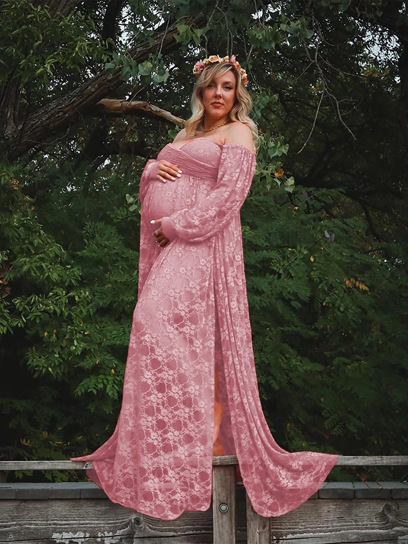 Maternity Dress Soft Stretchy Lace Off Shoulder Doubly Split A line Skirt Pregnancy Maxi Gown for Photoshoot